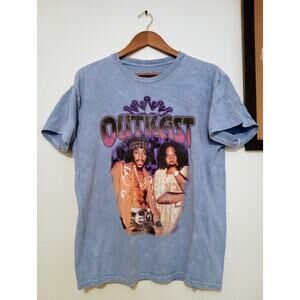 Y2K OUTKAST Blue T-Shirt Distressed Look Dye Wash Hip Hop Rap SZ L